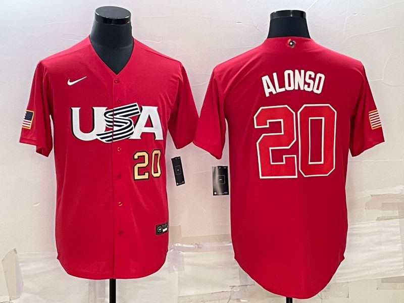 Men 2023 World Cub USA 20 Alonso Red Nike MLB Jersey6